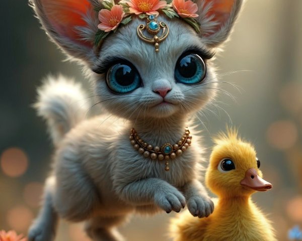 Whimsical Creature in a Colorful Flower Meadow