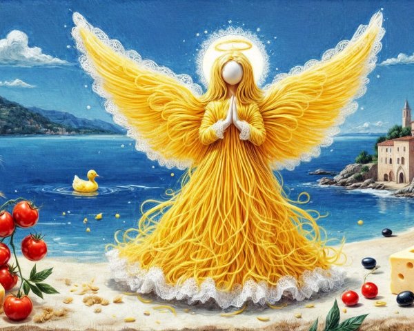 Whimsical Angel Figure Made of Yellow Spaghetti