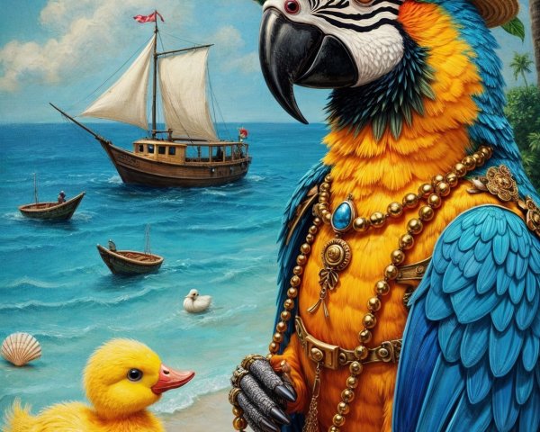 Vibrant Parrot and Duckling on Tropical Beach Scene