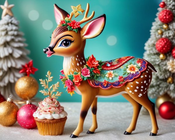 Decorative deer figurine with cupcake in festive setting