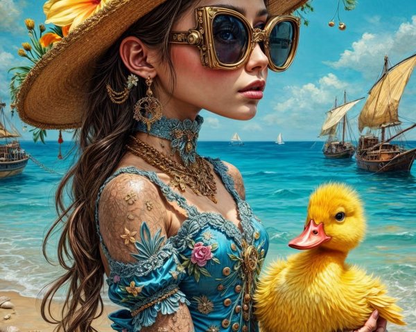 Young Woman in Blue Dress by the Seaside with Duckling