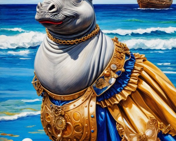 Rhinoceros in Ornate Gown on Sandy Beach Scene