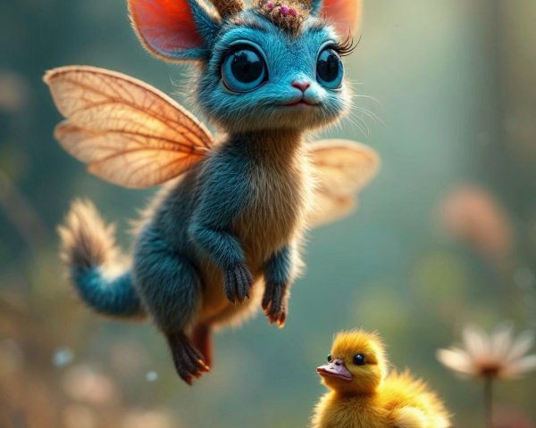 Whimsical Creature and Chick in Serene Forest Scene