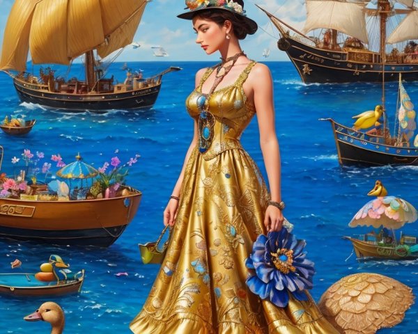 Woman in Gold Dress by Vibrant Blue Sea with Boats