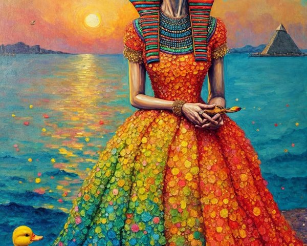 Ancient Egyptian Queen by Water with Pyramids