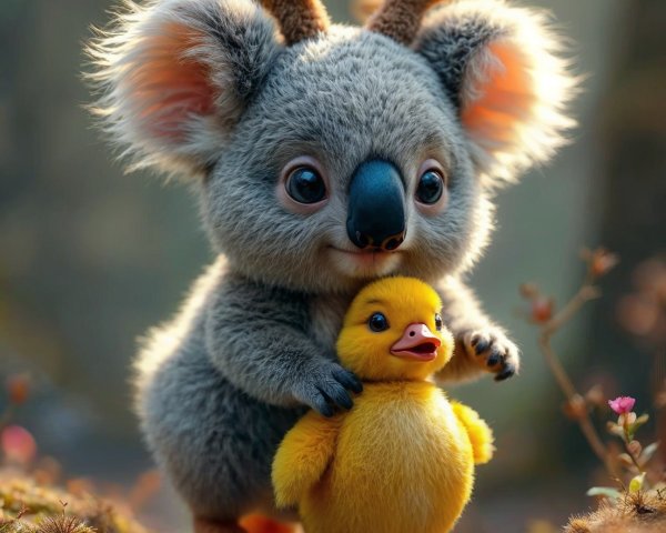Whimsical Koala with Antlers and Duckling in Forest
