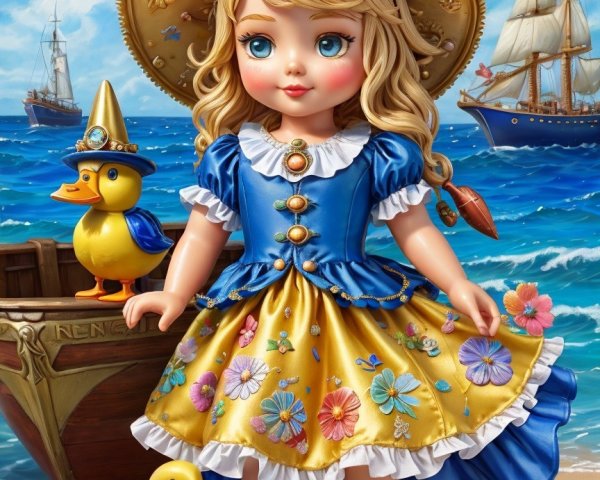 Doll on Beach with Ducks and Sailboats in Background