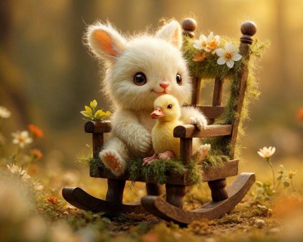 Bunny and Duckling in a Whimsical Forest Scene