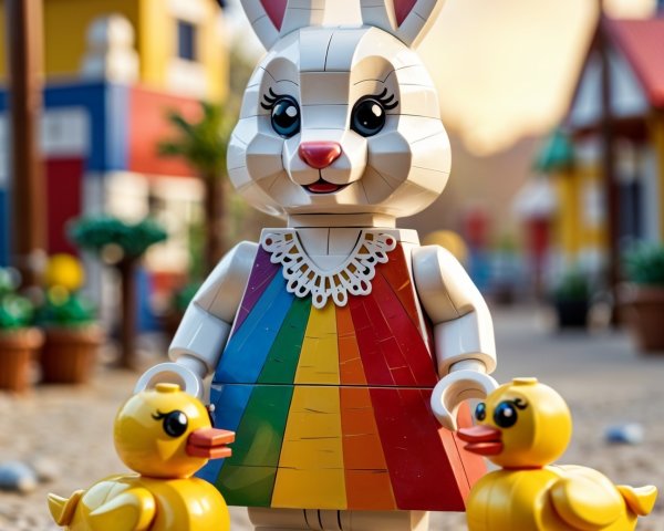 Colorful Block Bunny with Ducklings on Cobblestone Street