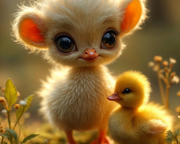 Whimsical Creature and Duckling in Woodland Setting