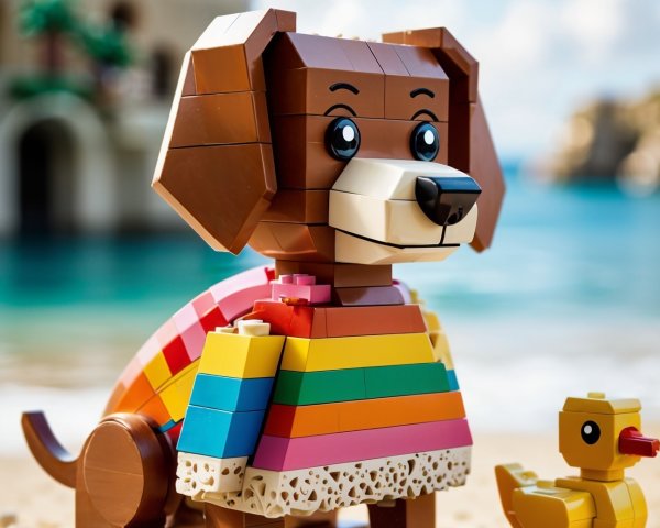 Colorful LEGO Dog Figure on Beach with Duck and Ocean