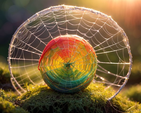 Rainbow Sphere in Spider Web on Mossy Surface