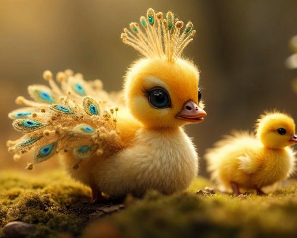 Charming Fluffy Chicks in a Mossy Landscape Scene