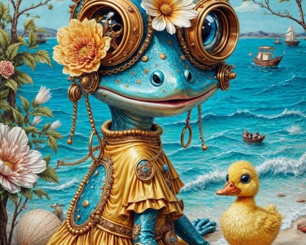 Steampunk Frog Character on a Beach with Duckling