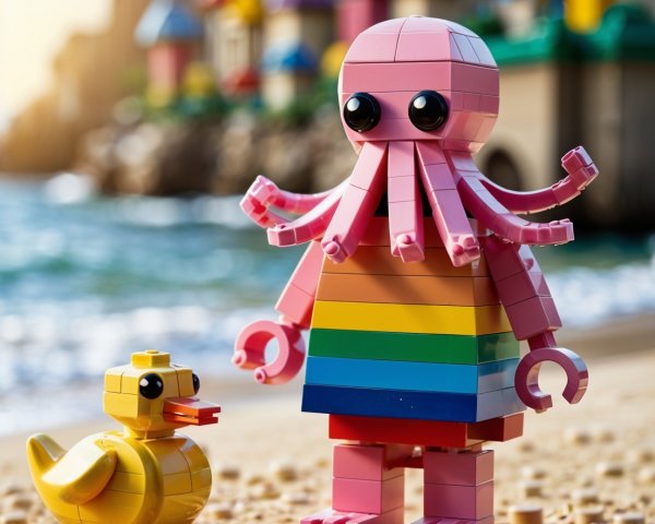 Colorful LEGO Octopus and Rubber Duck at Beach Scene