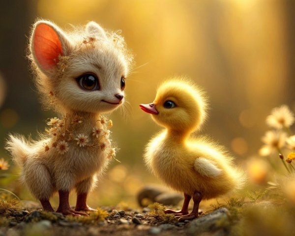 Charming Creature and Duckling in a Sunlit Forest
