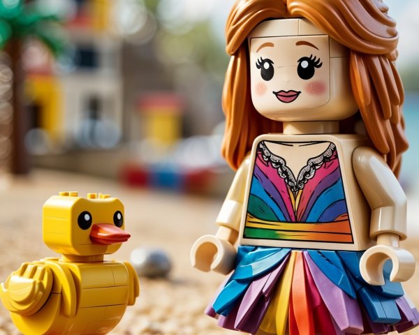 LEGO Figure on Beach with Rubber Duck and Palm Trees
