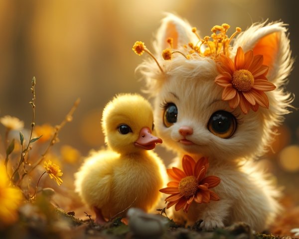 Whimsical Kitten and Duckling in Flower Field