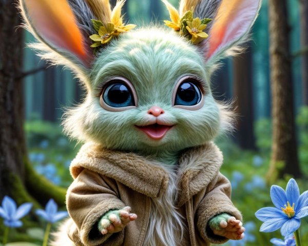 Whimsical Bunny-Like Creature in Vibrant Forest Setting