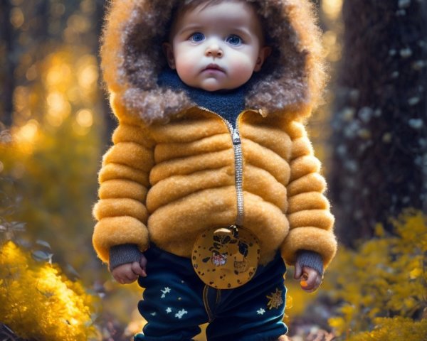 Toddler in Forest Surrounded by Autumn Leaves
