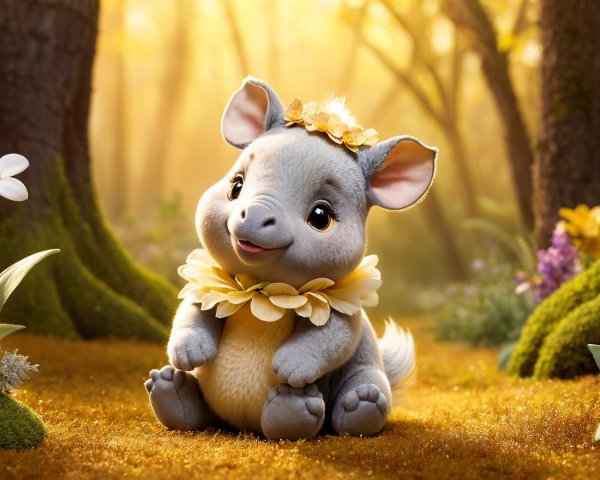Cartoon Baby Elephant in a Sunlit Forest Setting