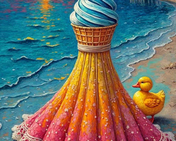 Whimsical Ice Cream Cone Dress at Sunset Beach Scene