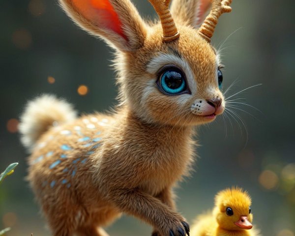 Whimsical Scene with Fluffy Creature and Chick