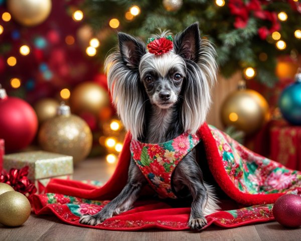 Stylish Dog on Festive Red Blanket with Ornaments