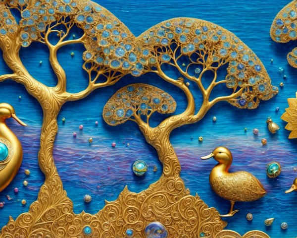 Golden Trees and Ornamental Ducks on Blue Background