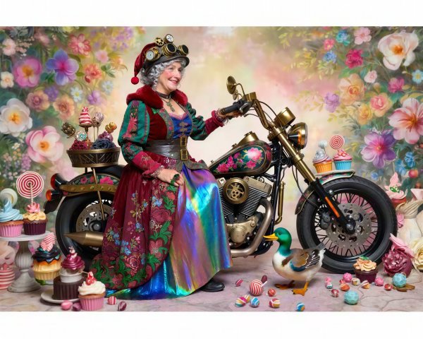 Older woman on motorcycle in a colorful fairytale scene