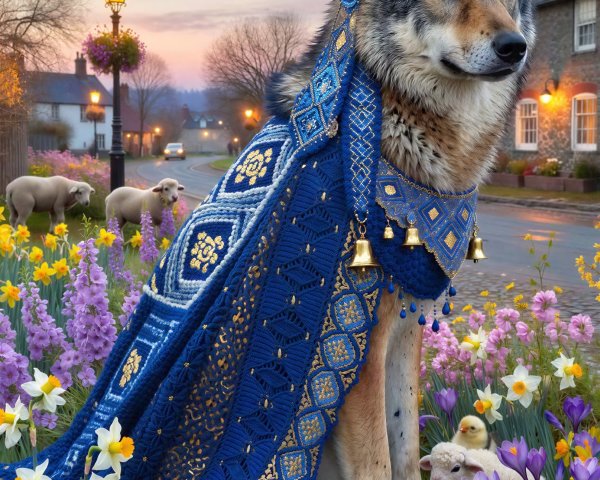 Wolf in Tapestry Cloak Surrounded by Spring Flowers