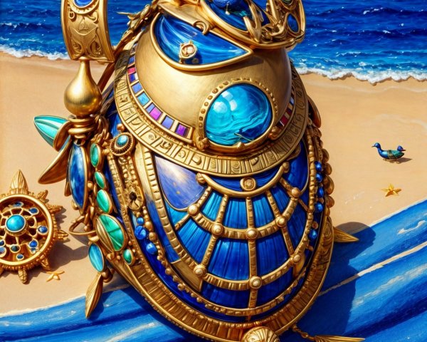 Golden Treasure Chest on Sandy Beach with Jewels