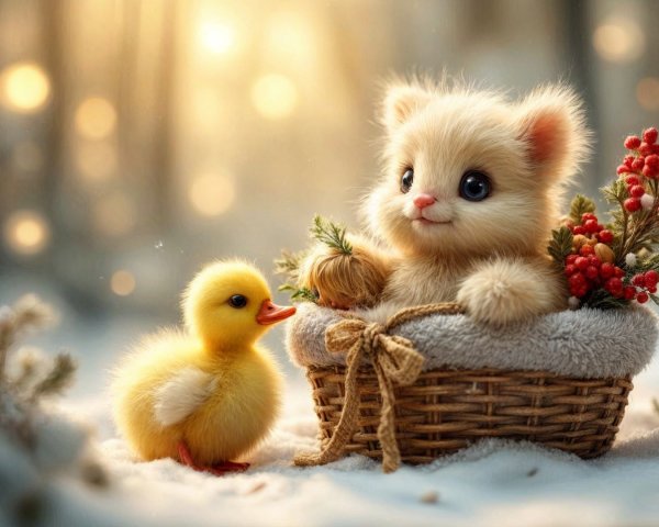 Fluffy Kitten and Duckling in Winter Wonderland Scene