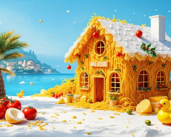 Whimsical Beach Scene with Spaghetti House Decor