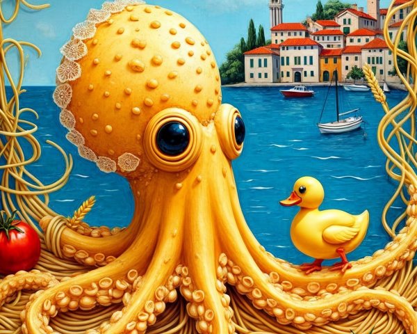 Cartoon Octopus Surrounded by Tomatoes and Spaghetti
