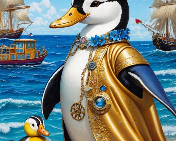 Elegant Penguin in Golden Cape with Duckling by Ocean