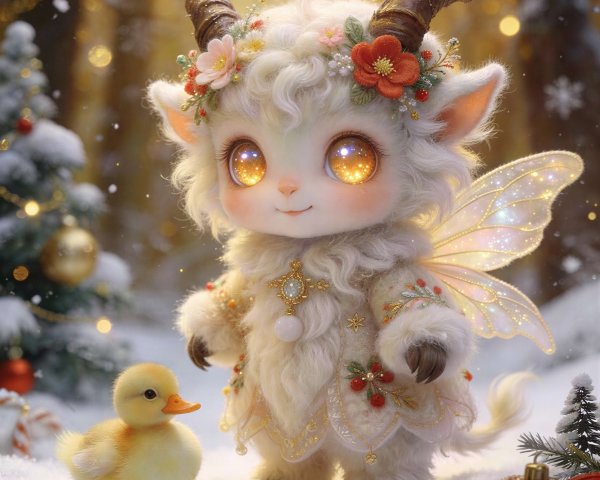 Festive Baby Goat in Winter Wonderland Scene