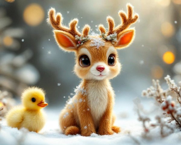Fawn and Duckling in a Snowy Winter Wonderland