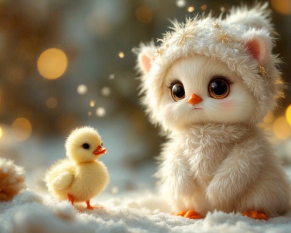 Fluffy creature and duckling in a snowy winter scene