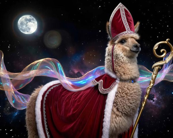 Llama in Red Robe with Silver Embroidery and Mitre