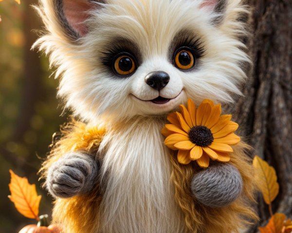 Plush Creature on Stump Surrounded by Autumn Leaves
