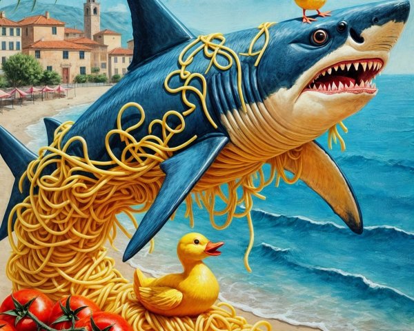 Surreal Shark Made of Spaghetti in Coastal Scene