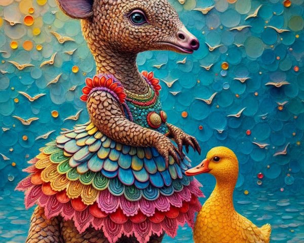 Whimsical Creature and Duck in Colorful Scene
