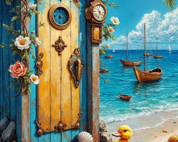 Vibrant Beach Scene with Ornate Door and Duckling