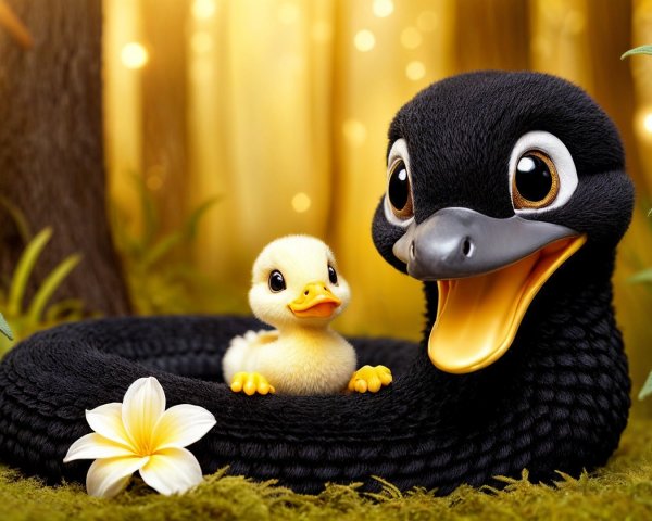 Oversized black snake and yellow duckling in forest