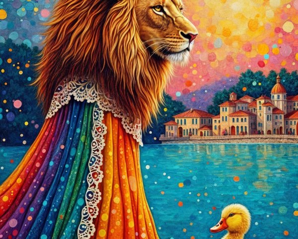 Surreal Scene of Lion in Gown by Serene Lake