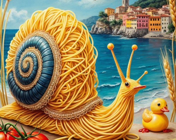 Giant Pasta Snail in a Colorful Seaside Village