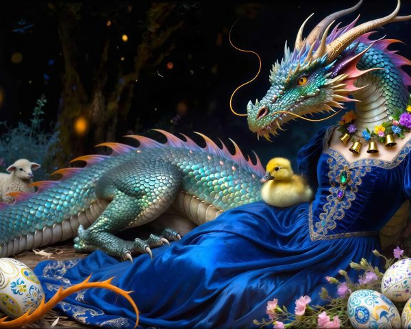 Majestic dragon in vibrant gown in a fantasy forest