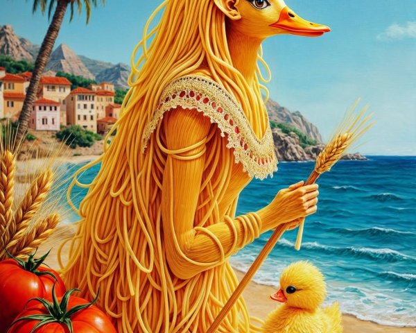 Whimsical Figure with Duck Head and Spaghetti Crown