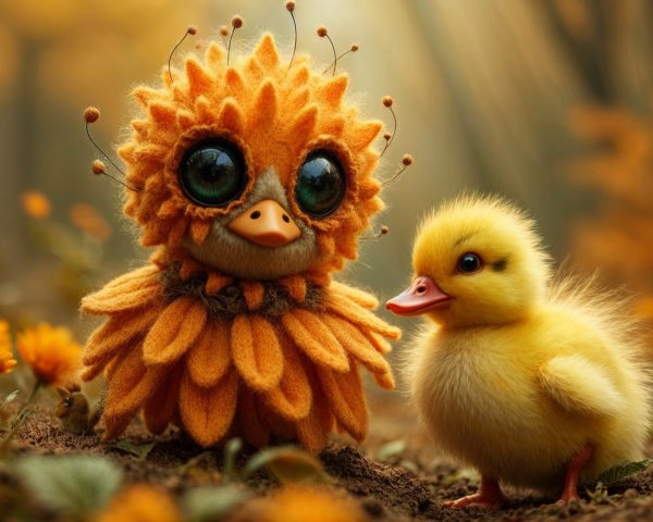 Charming Creature and Duckling in Autumn Forest